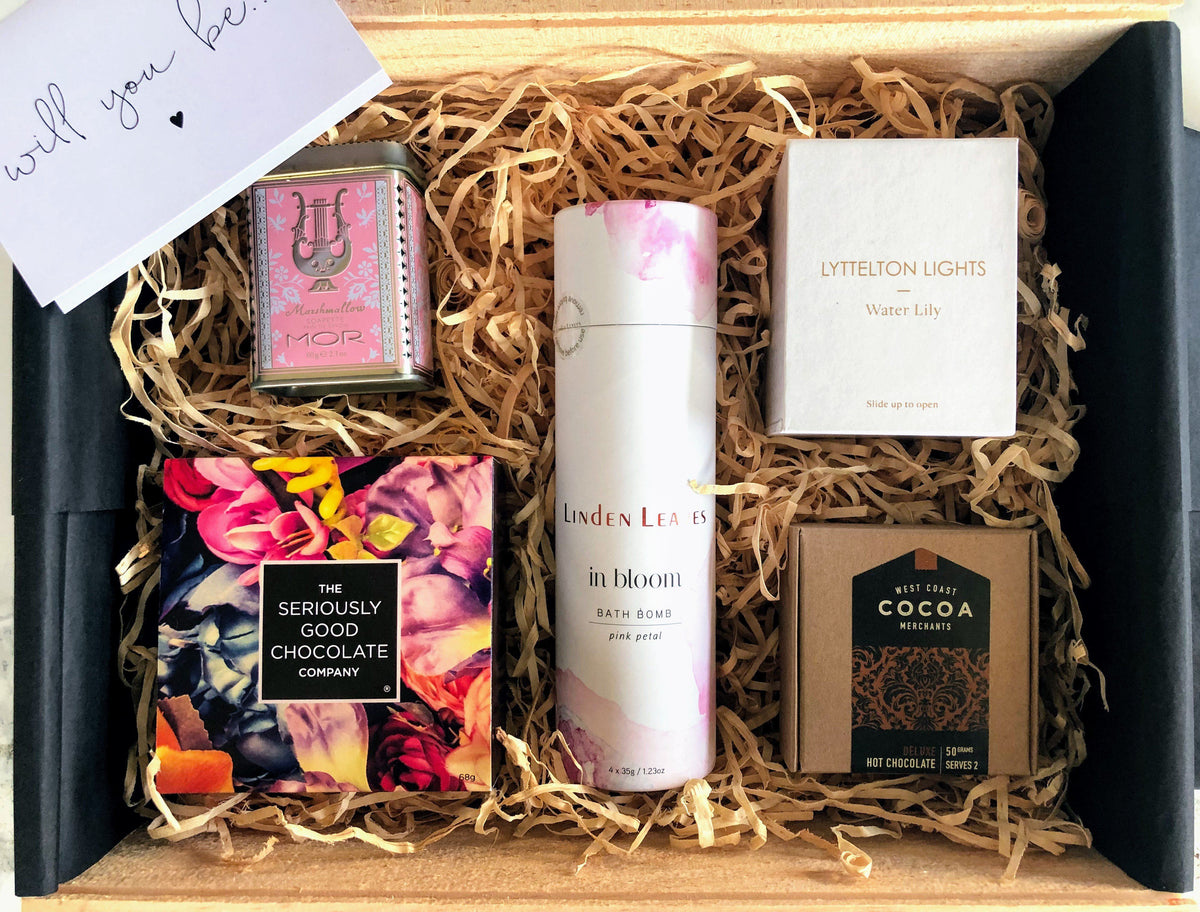 Boxsmith NZ Gift Boxes - Will you be my Bridesmaid - luxury gifts for her - Lyttelton Lights Candles - West Coast Cocoa - Seriously Good Chocolate - Linden Leaves skin-softening oils - luxurious MOR Marshmellow Soapette - Easy Delivery Nationwide