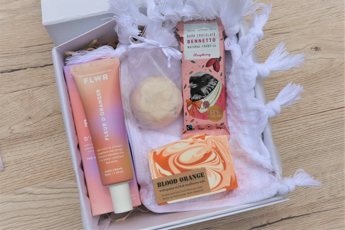 Boxsmith Gift Boxes perfect little treat for her. Aromatherapy FLWR 50ml handcream, IngaFord handmade soap, Essemtially Tamara Shower Bom,b, Bennetto Dark Chocolate 30g mini Bar, Turkish 100% cotton face wash cloth white