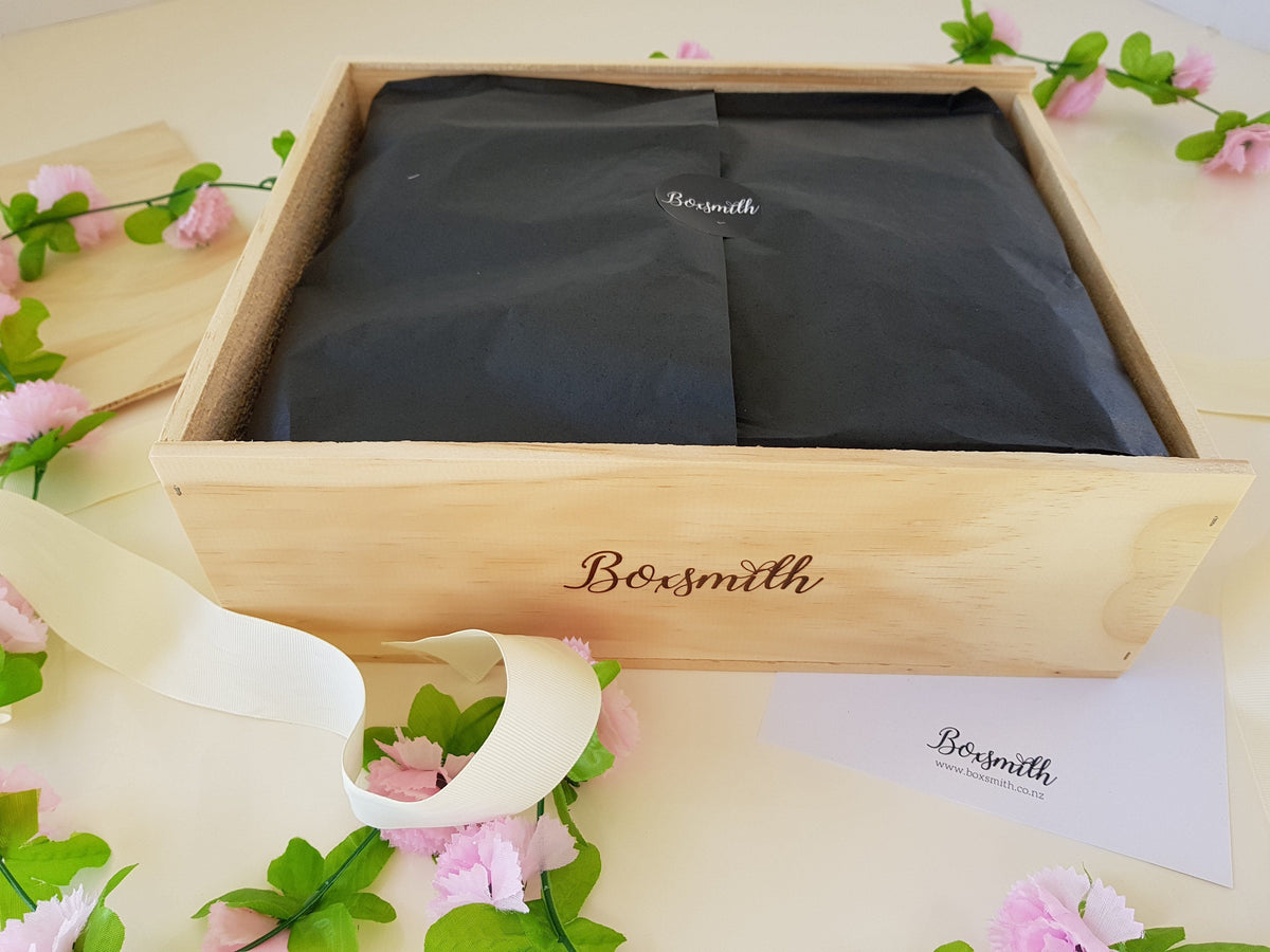 Boxsmith wooden gift box with lid, black tissue paper and sticker