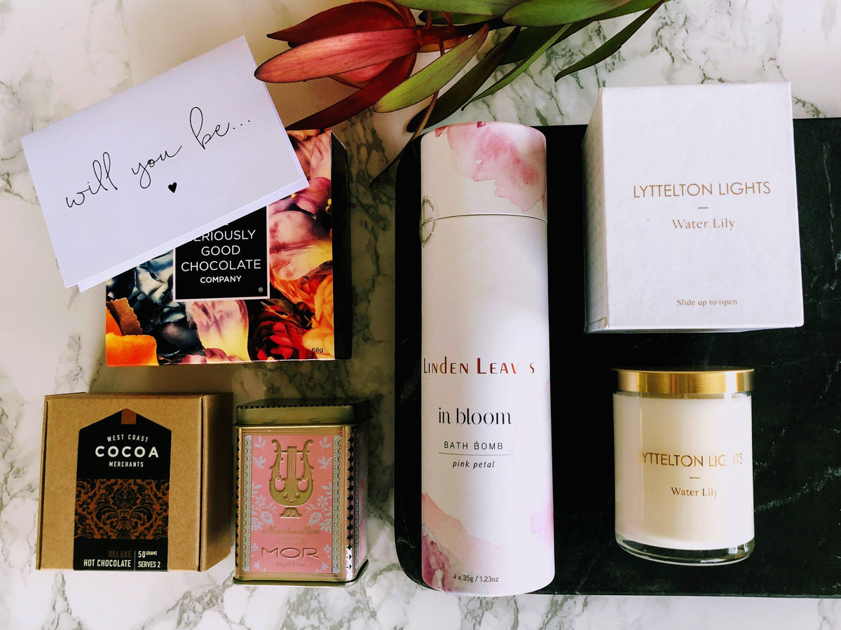 Boxsmith NZ Gift Boxes - Will you be my Bridesmaid - luxury gifts for her - Lyttelton Lights Candles - West Coast Cocoa - Seriously Good Chocolate - Linden Leaves skin-softening oils - luxurious MOR Marshmellow Soapette - Easy Delivery Nationwide